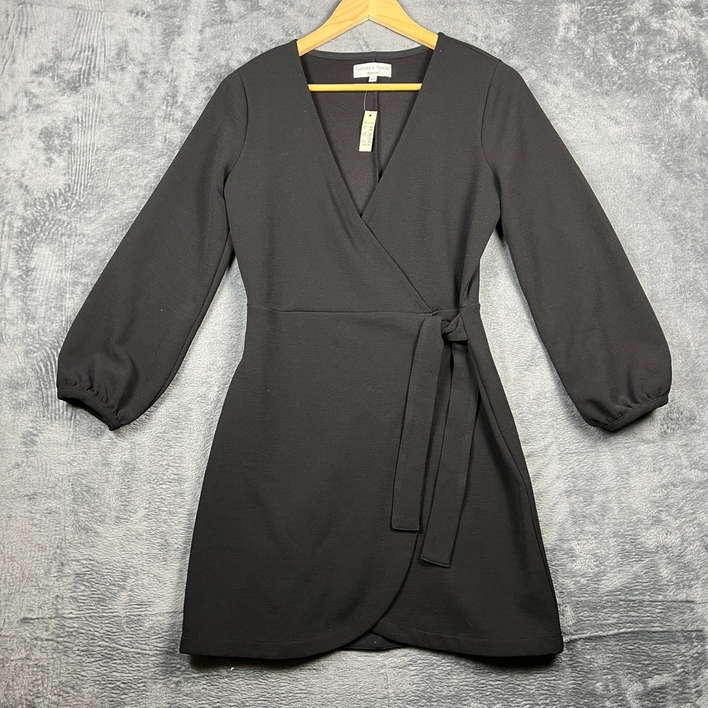 Madewell Texture & Thread Dress Womens S Black Faux Wrap Balloon Sleeve Side Tie